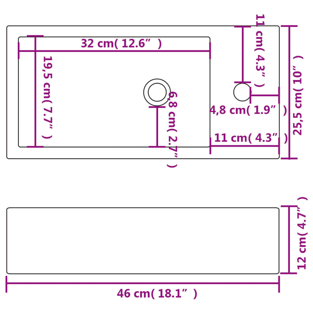 rektangulær håndvask med hul til vandhane keramik 46x25,5x12 cm hvid