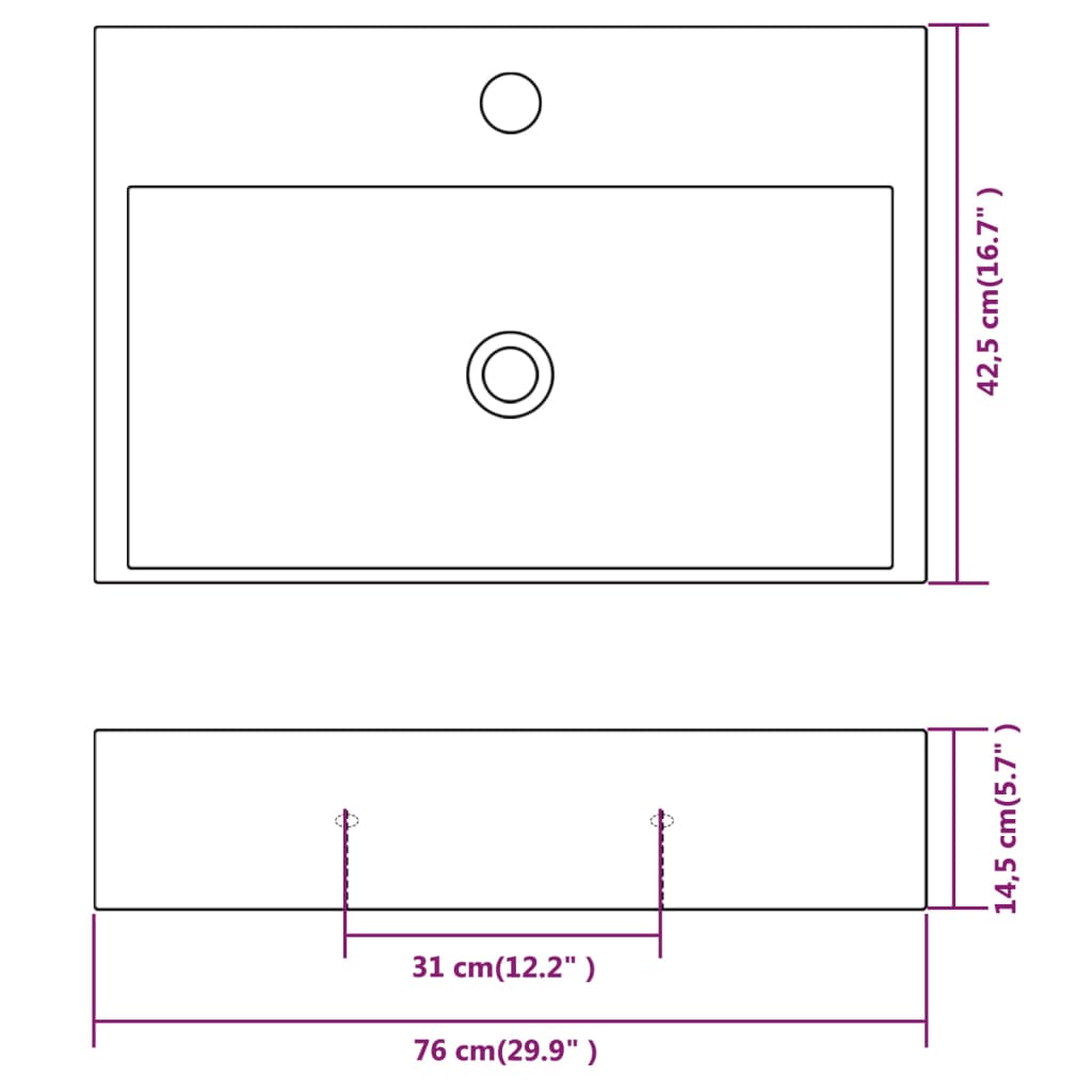 håndvask med hul til vandhane keramik 76x42,5x14,5 cm hvid