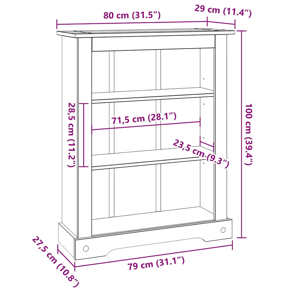 reol tre hylder Corona-serien mexicansk fyrretræ 80x29x100 cm