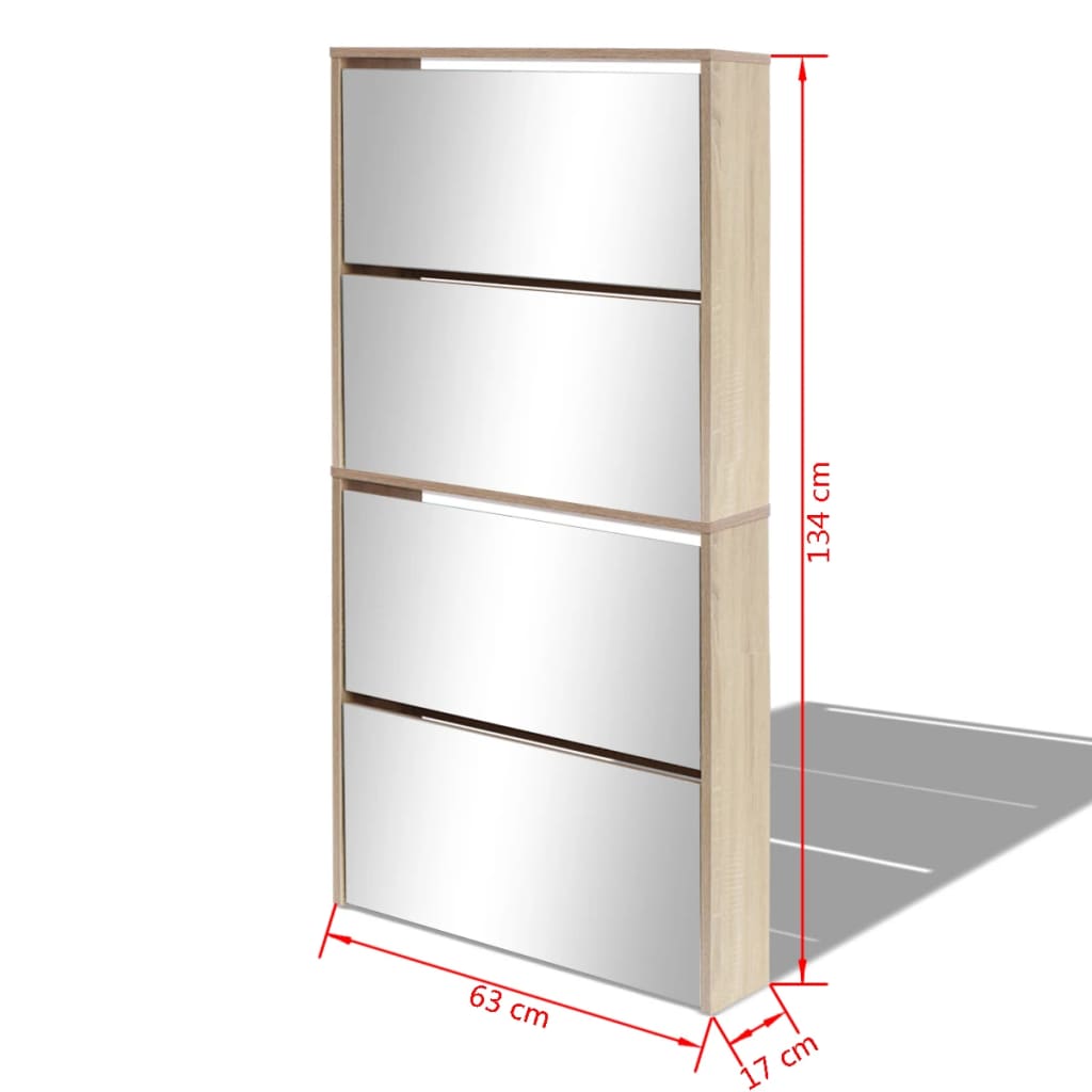 skoskab 4 hylder med spejl 63x17x134 cm egetræsfarvet