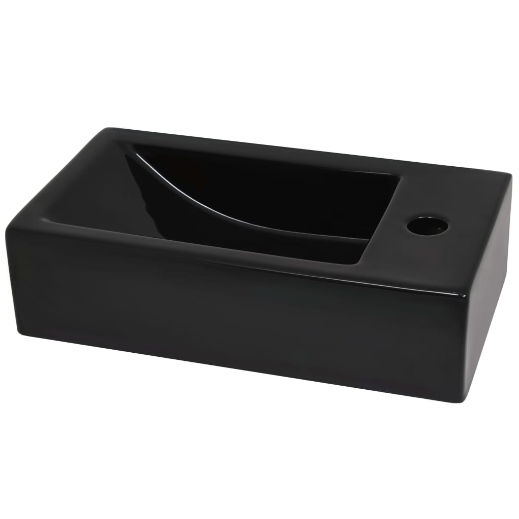 håndvask med vandhanehul rektangulær keramik sort 46 x 25,5 x 12 cm