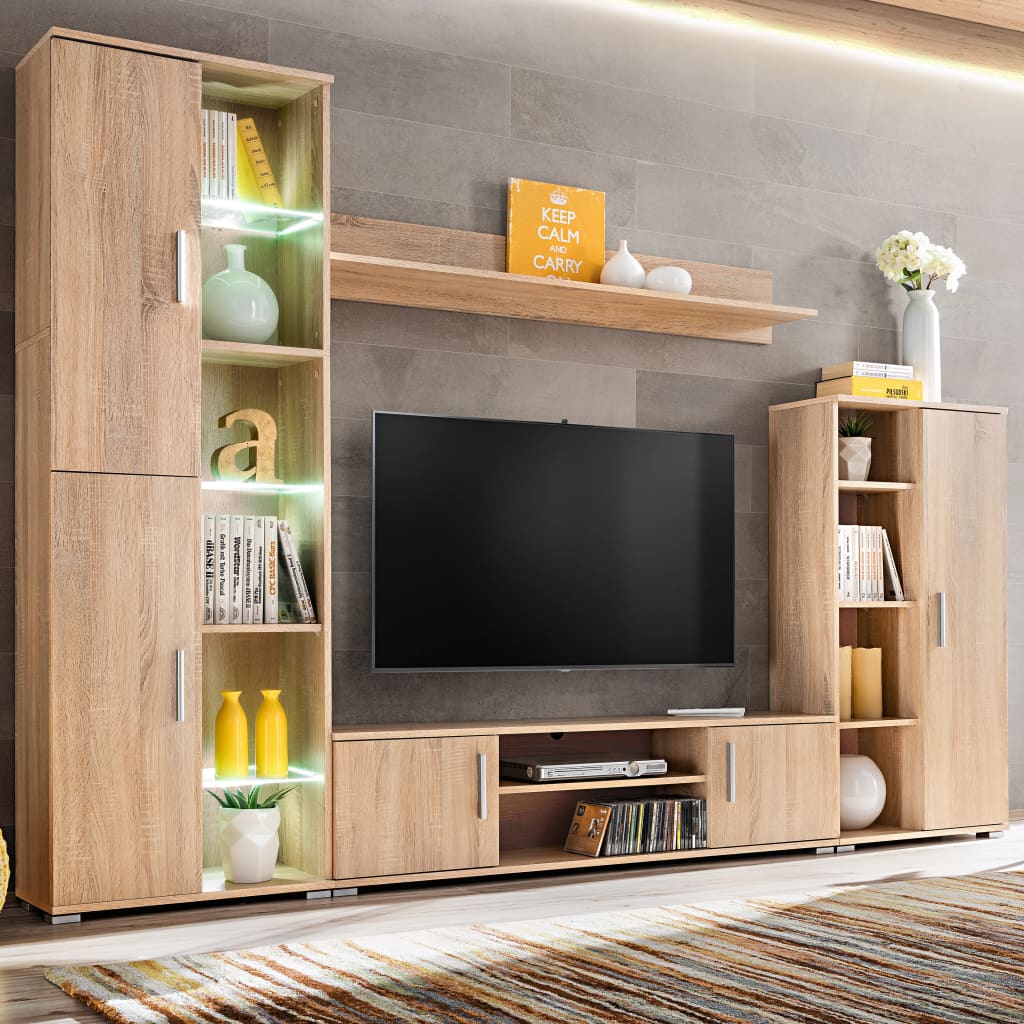 skabssæt med tv-skab og LED-lys sonoma-eg