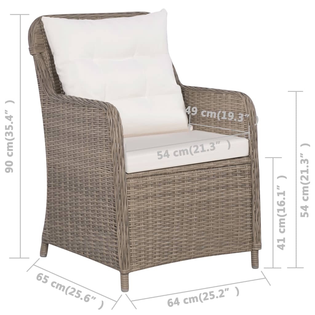 havestole med hynder 2 stk. polyrattan brun