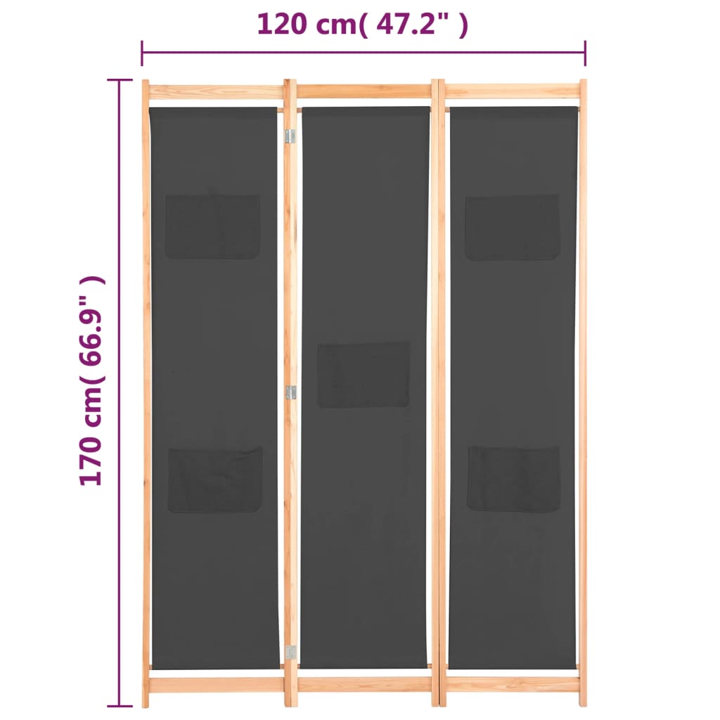 3-panels rumdeler 120 x 170 x 4 cm stof grå