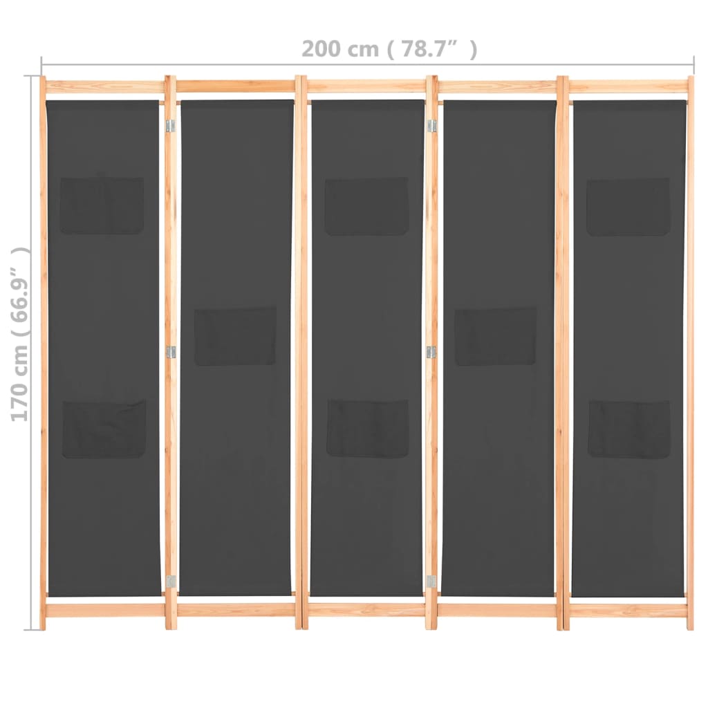 5-panelers rumdeler 200 x 170 x 4 cm stof grå
