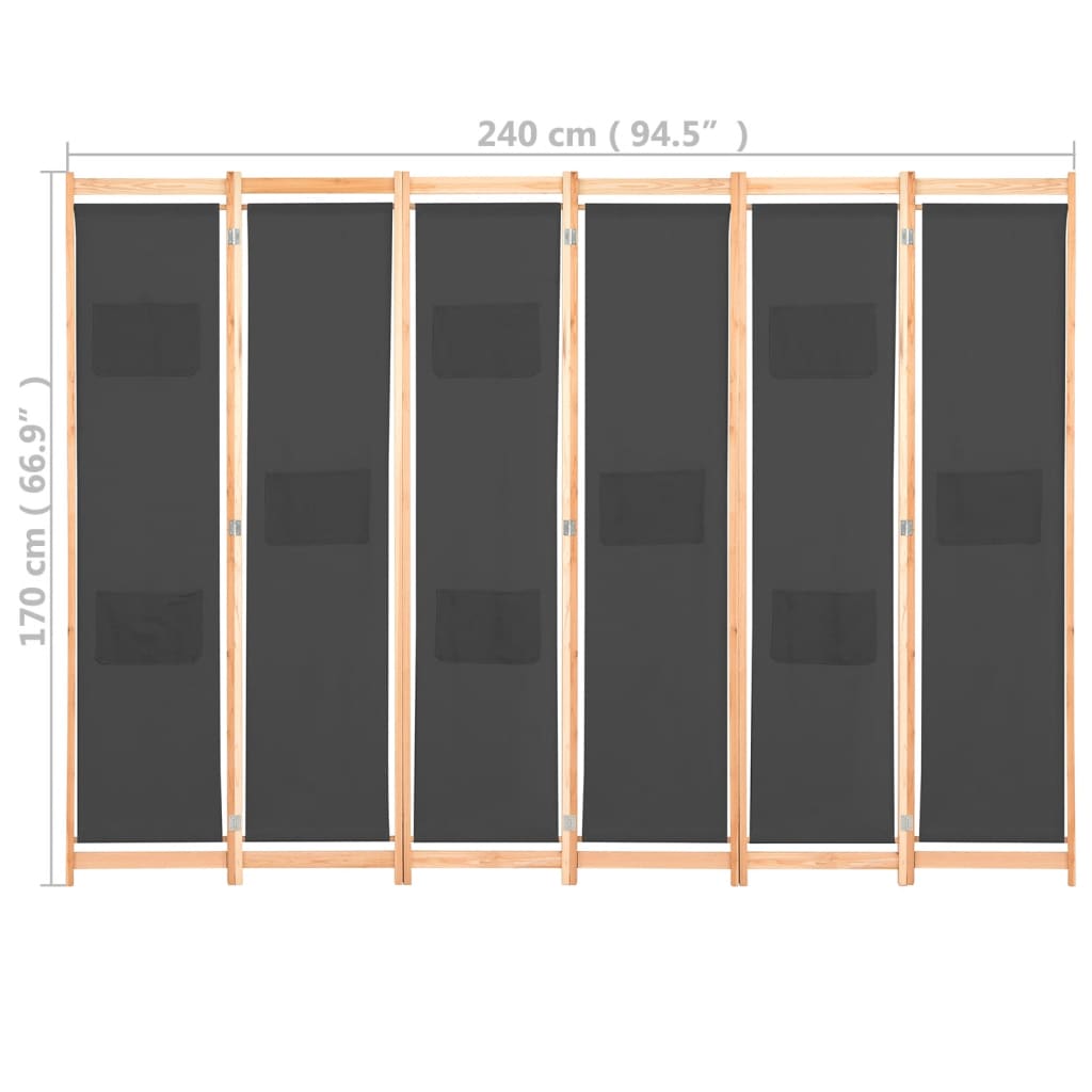 6-panelers rumdeler 240 x 170 x 4 cm stof grå