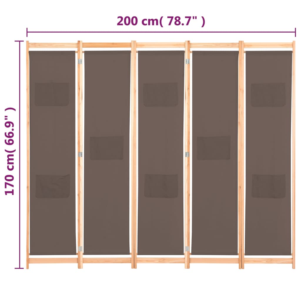 5-panels rumdeler 200 x 170 x 4 cm stof brun