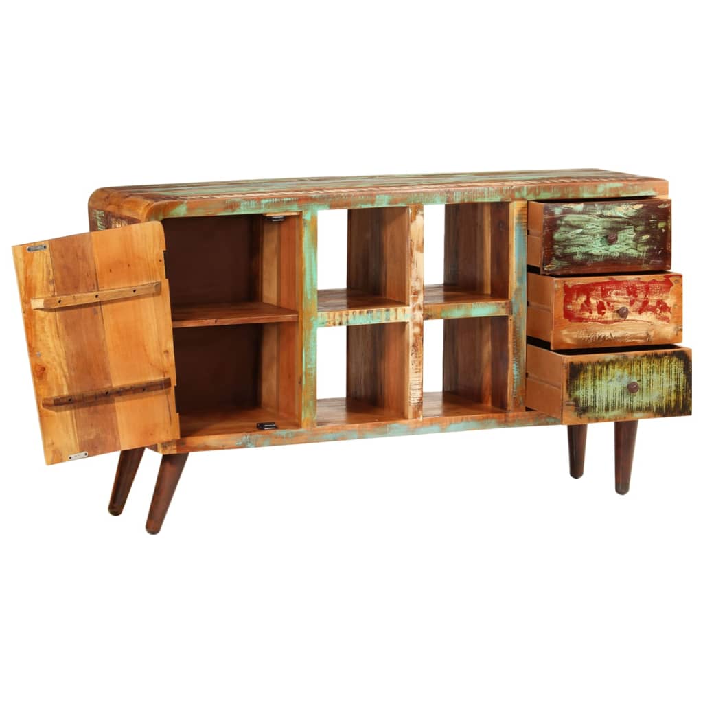 skab 1 låge 4 hylder 3 skuffer massivt genbrugstræ