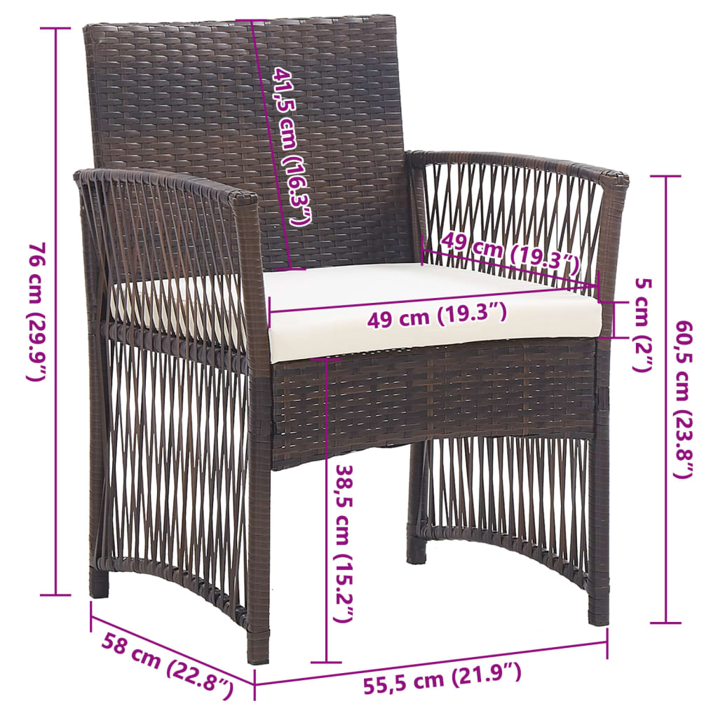 havestole med hynder 2 stk. polyrattan brun