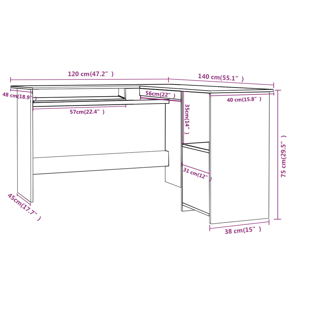 L-formet skrivebord 120x140x75 cm konstrueret træ sort