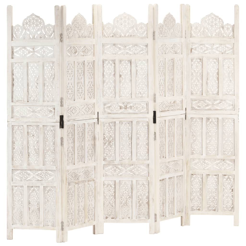 5-panels rumdeler håndskåret 200 x 165 cm massivt mangotræ hvid