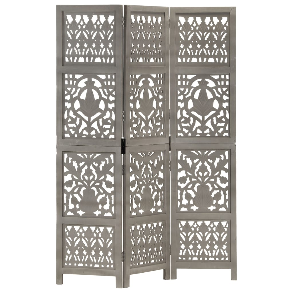 3-panels rumdeler håndskåret 120 x 165 cm massivt mangotræ grå