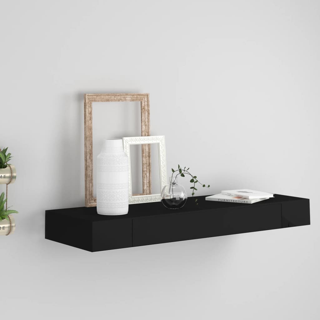 væghylde med skuffe 80x25x8 cm sort