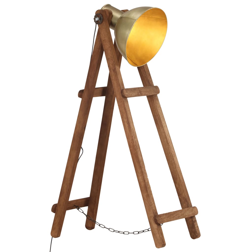 gulvlampe E27 massivt mangotræ messingfarvet
