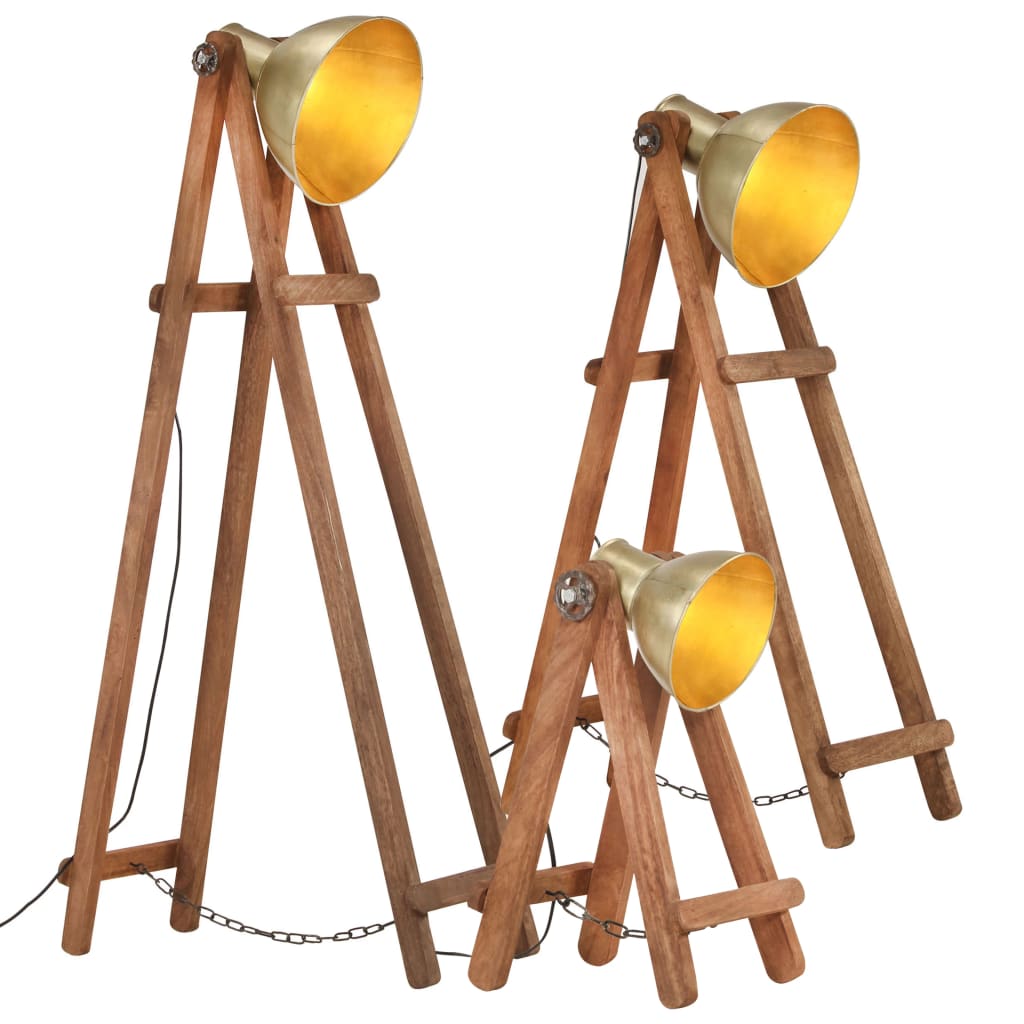 gulvlamper 3 stk. E27 massivt mangotræ messingfarvet