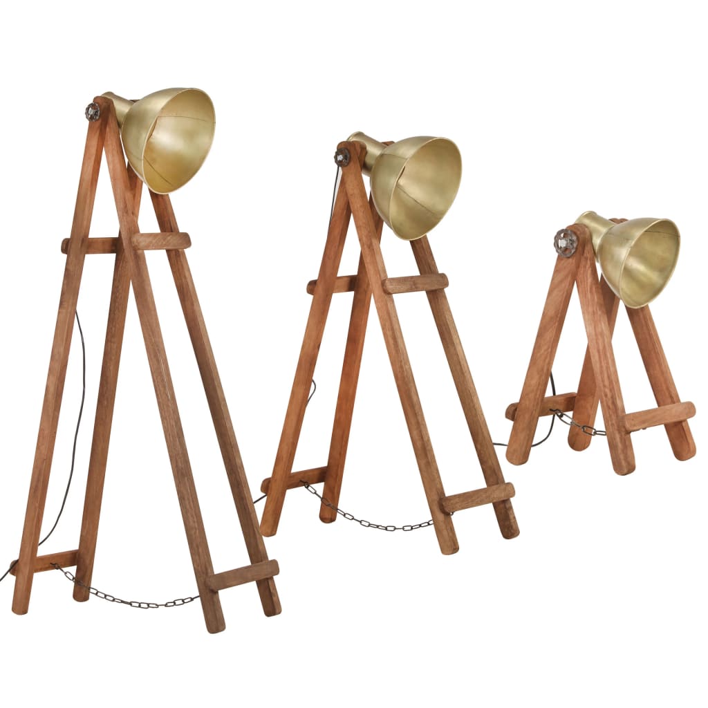 gulvlamper 3 stk. E27 massivt mangotræ messingfarvet