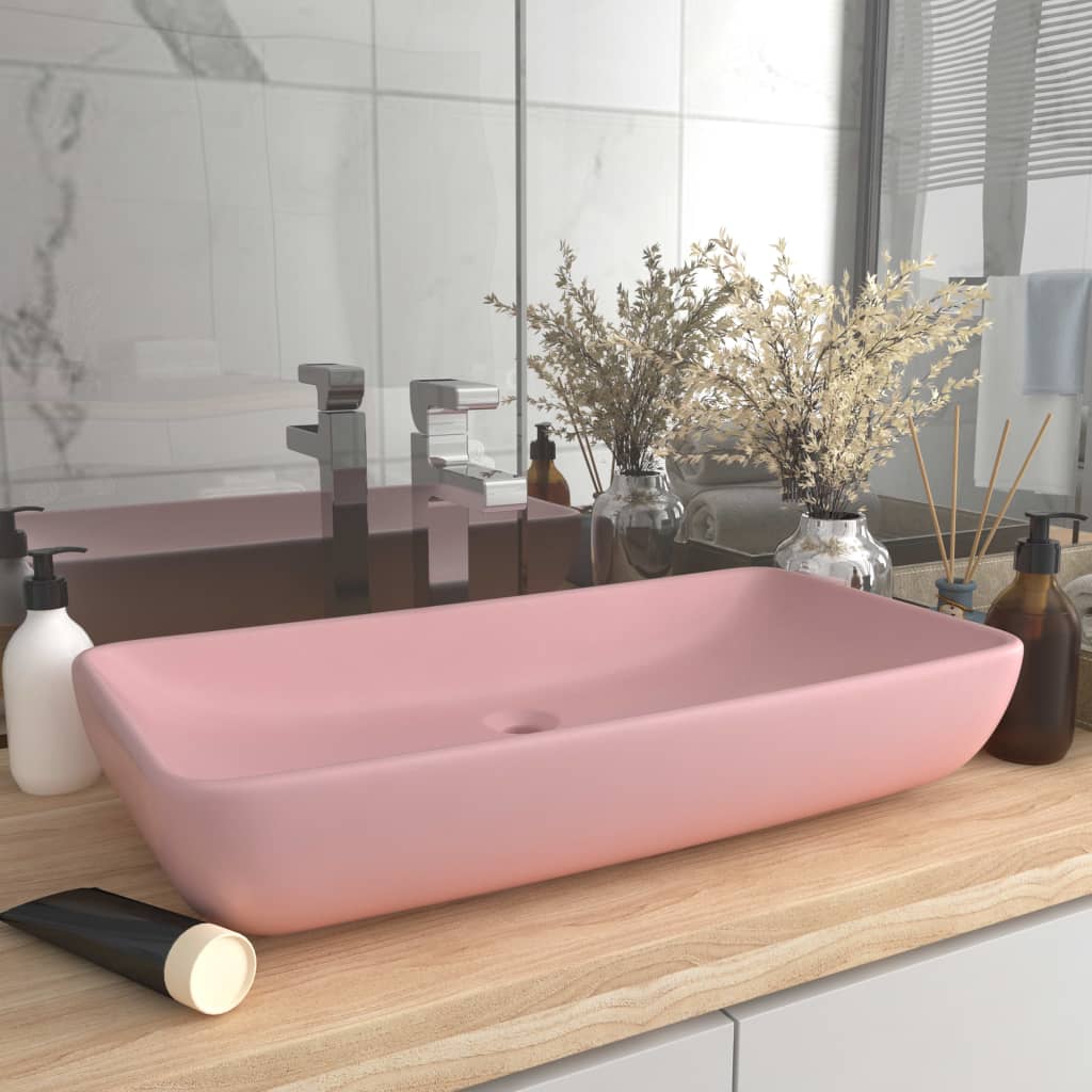 luksuriøs håndvask 71x38 cm rektangulær keramik mat lyserød