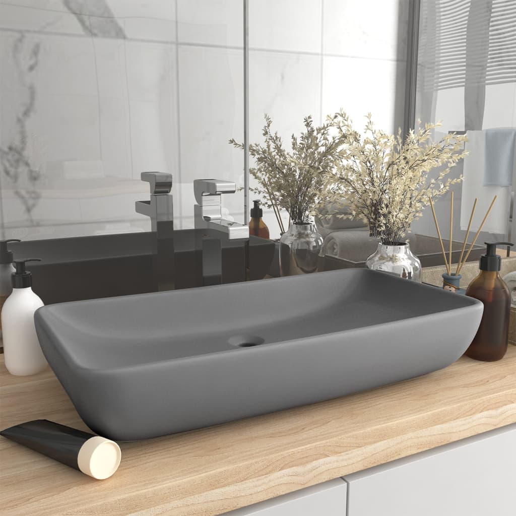 luksuriøs håndvask 71x38 cm rektangulær keramik mat lysegrå