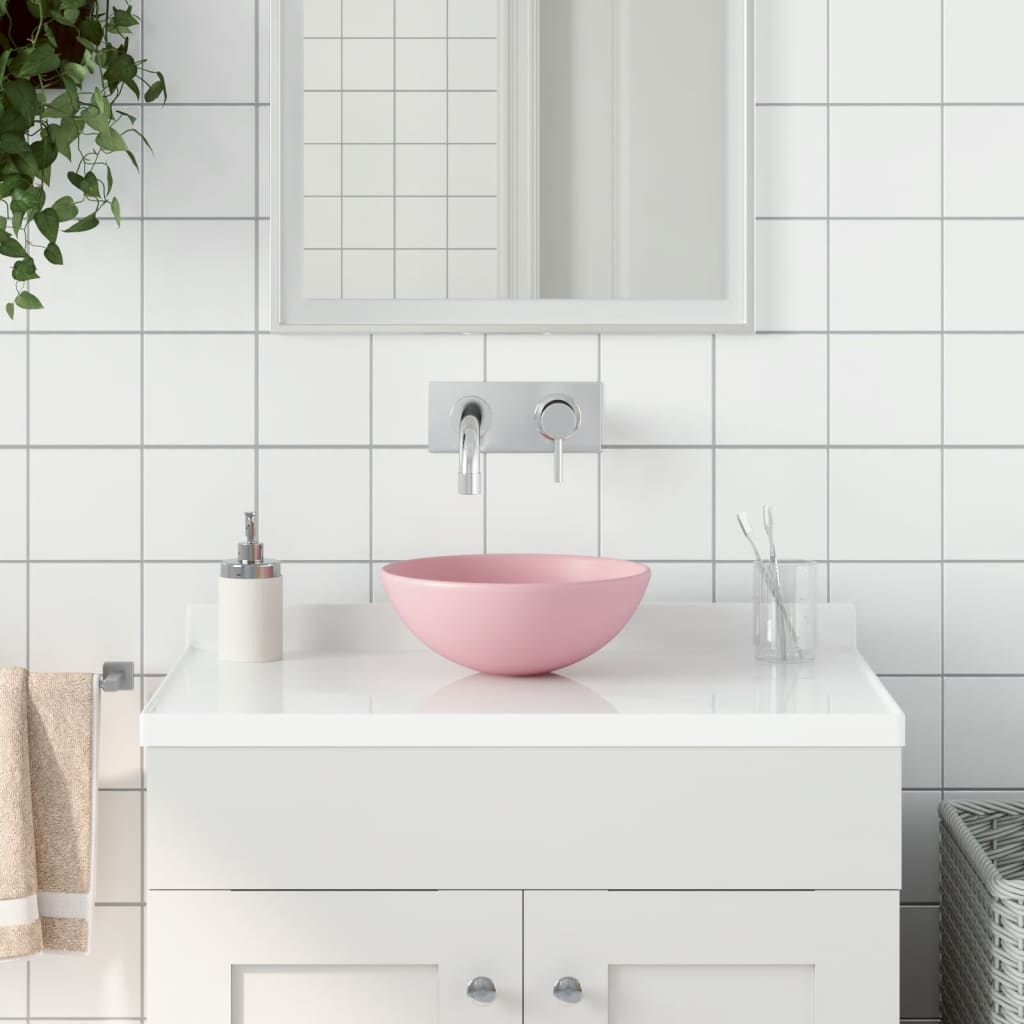 keramisk håndvask til badeværelse rund mat pink
