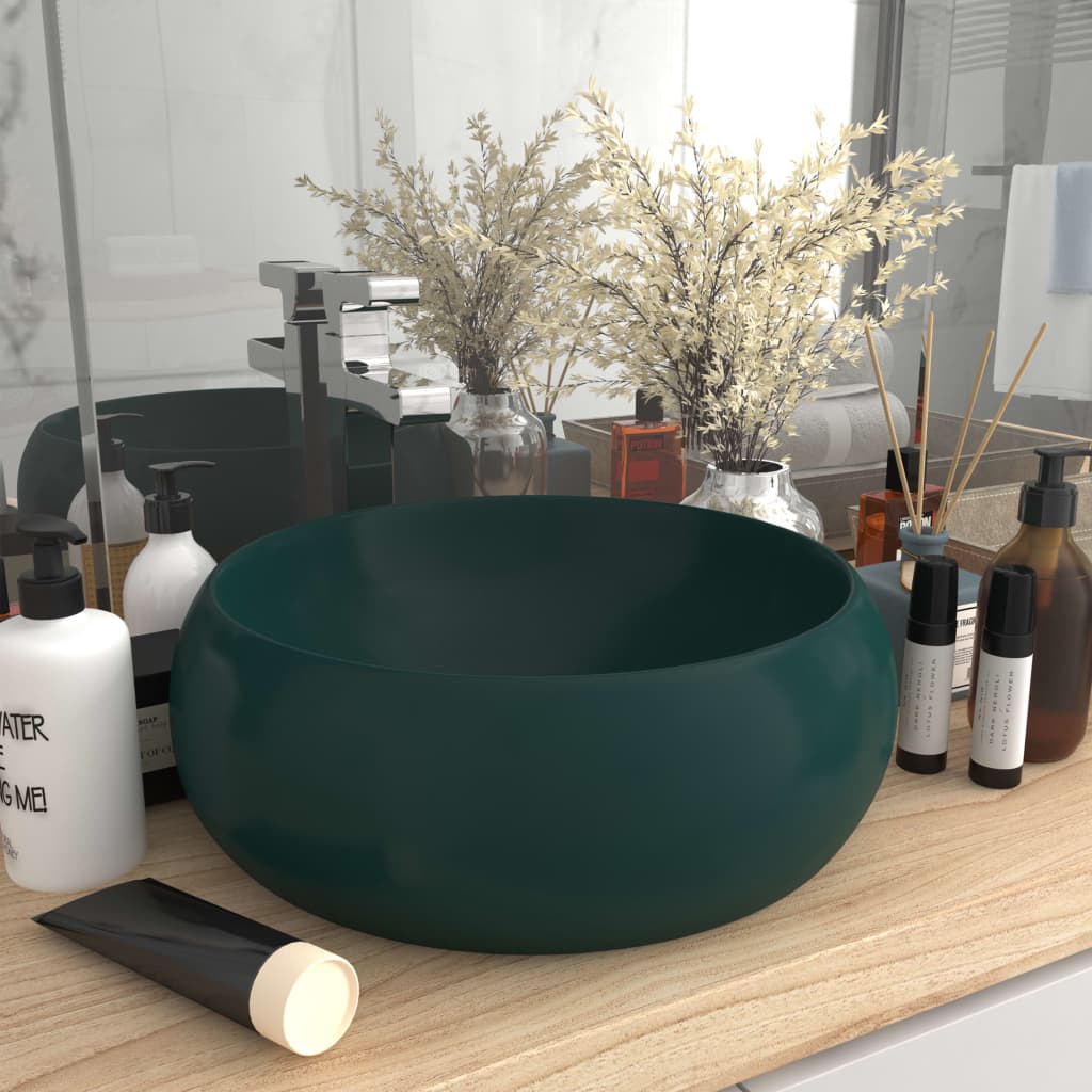 luksuriøs håndvask 40x15 cm rund keramik mat mørkegrøn