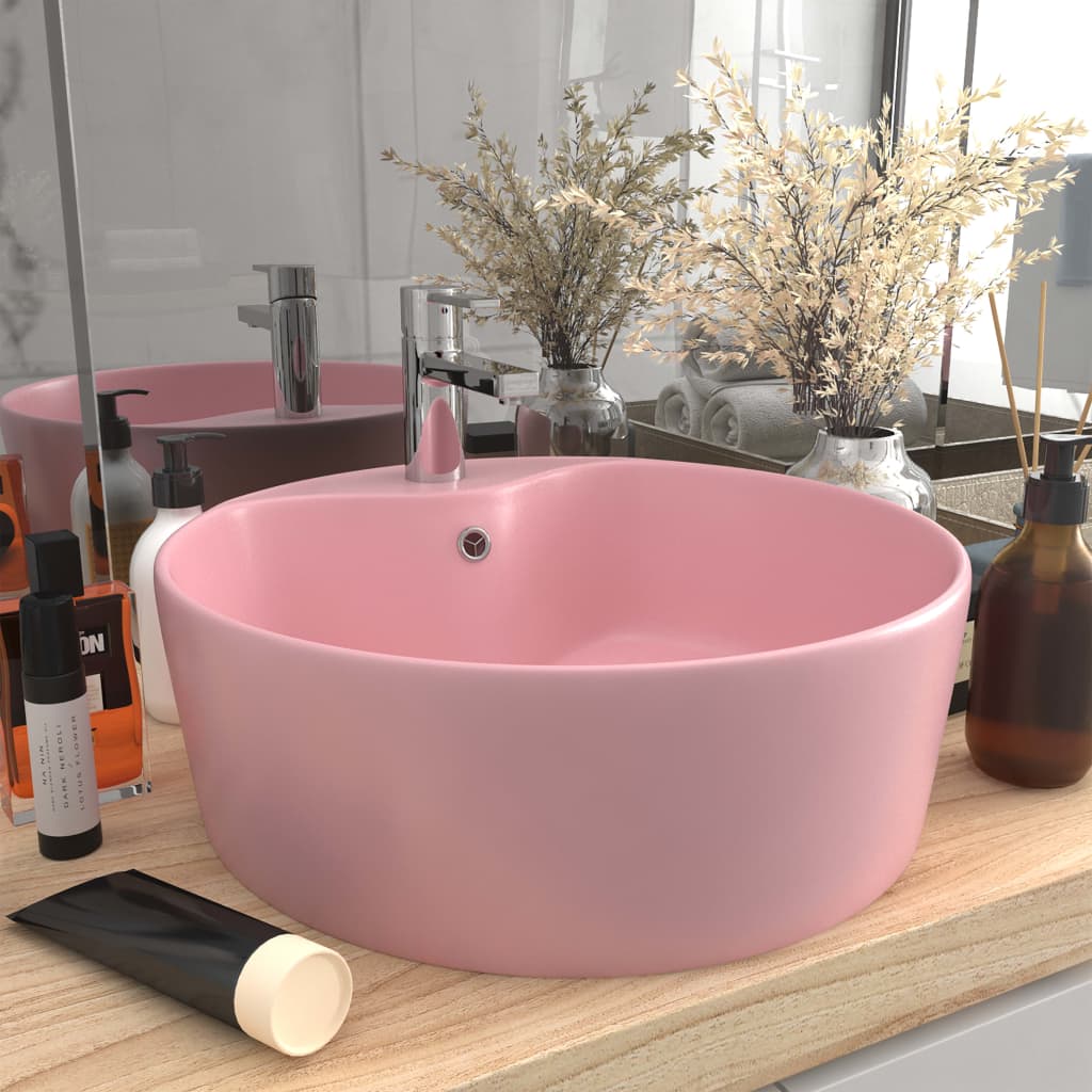 luksuriøs håndvask med overløb 36x13 cm keramik mat pink