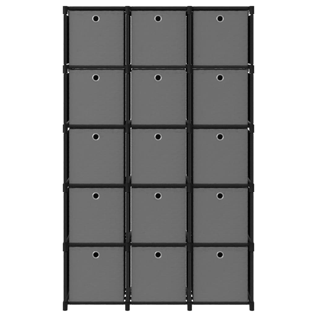reol med 15 rum og kasser 103x30x175,5 cm stof sort