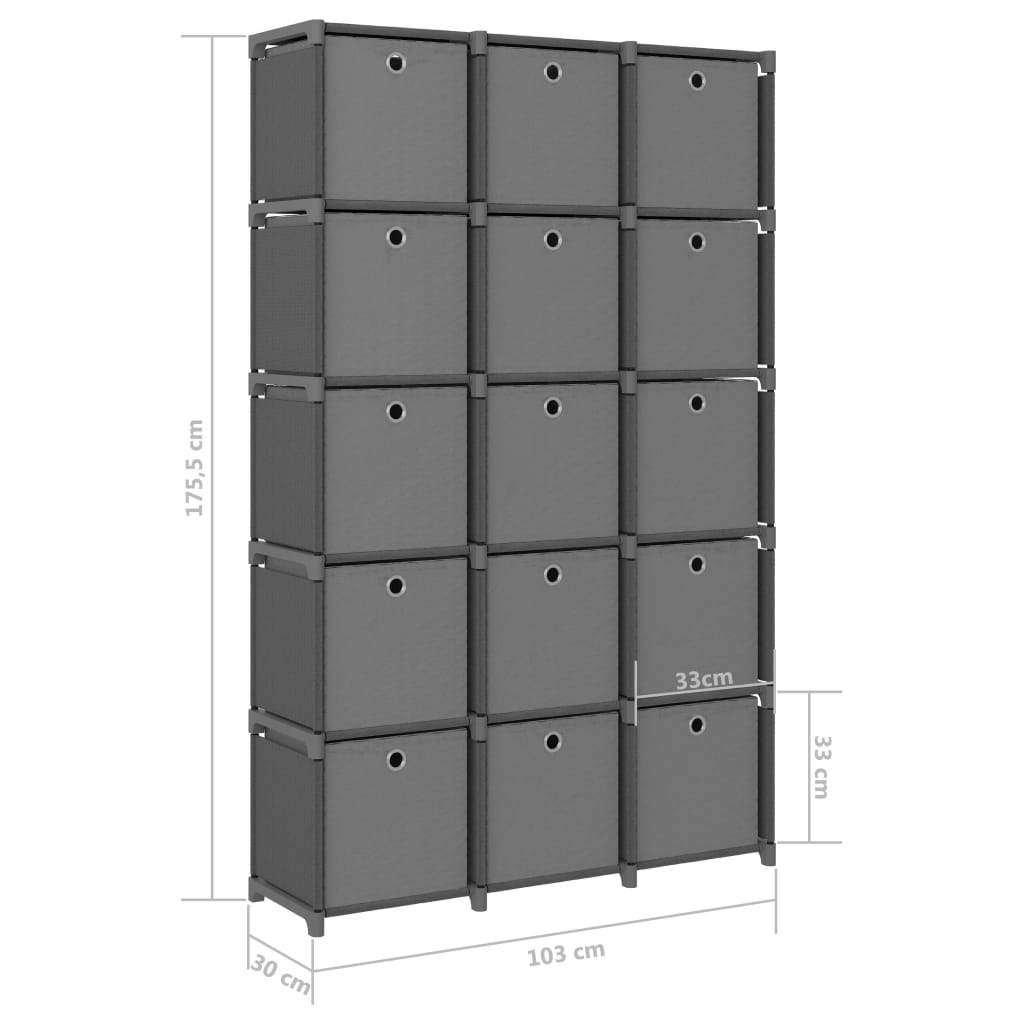 reol med 15 rum og kasser 103x30x175,5 cm stof grå