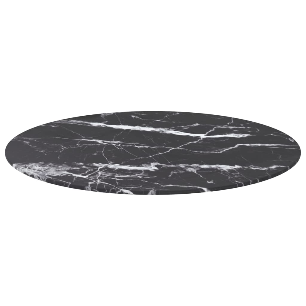 bordplade Ø70x0,8 cm hærdet glas med marmordesign sort