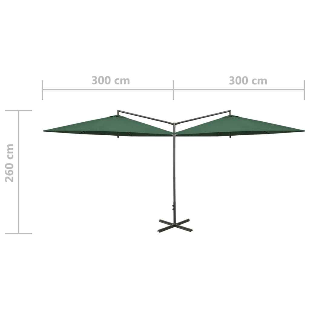 dobbelt parasol 600 cm stålstang grøn