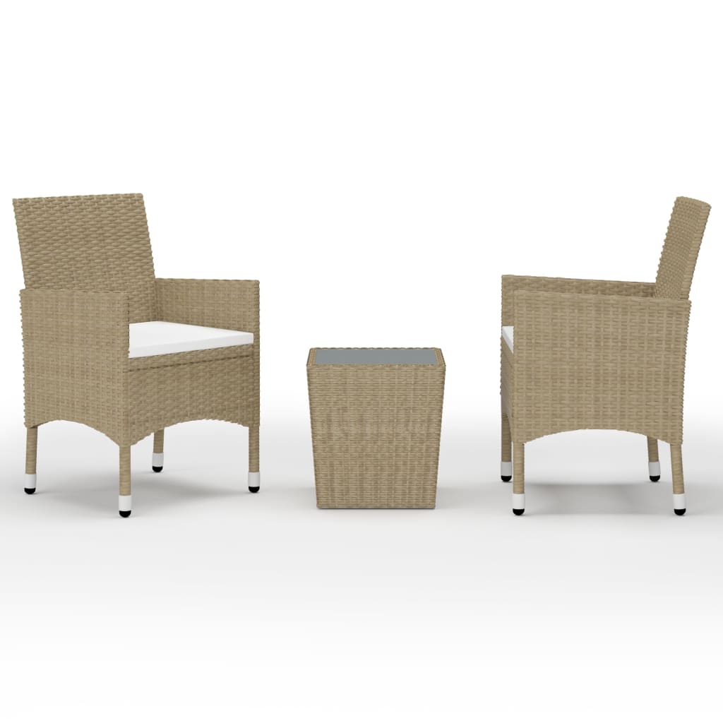 bistrosæt 3 dele polyrattan og hærdet glas beige