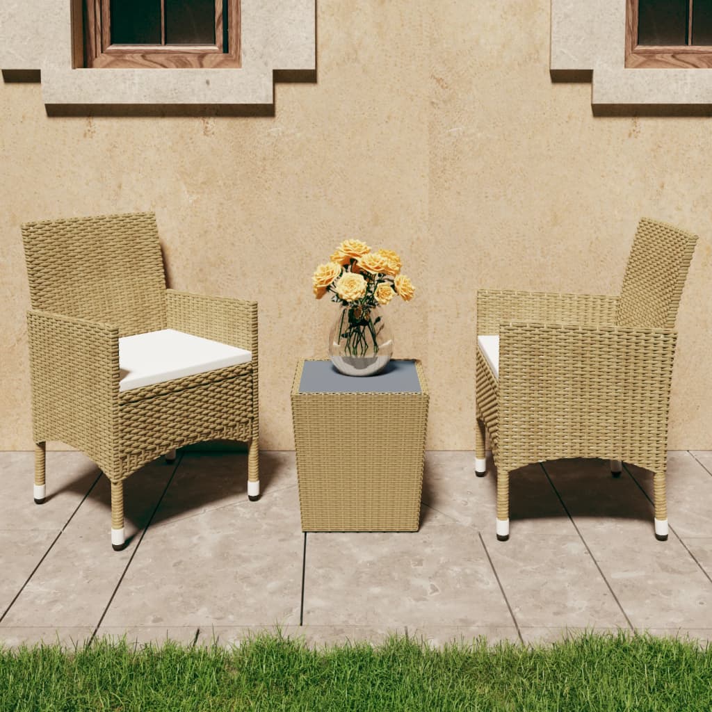 bistrosæt 3 dele polyrattan og hærdet glas beige