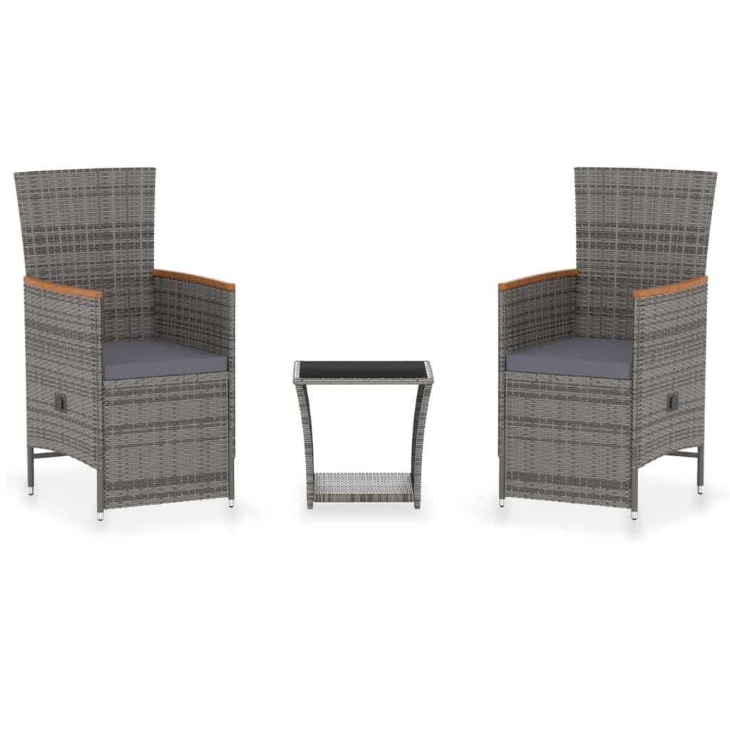 loungesæt til haven 3 dele med hynder polyrattan grå