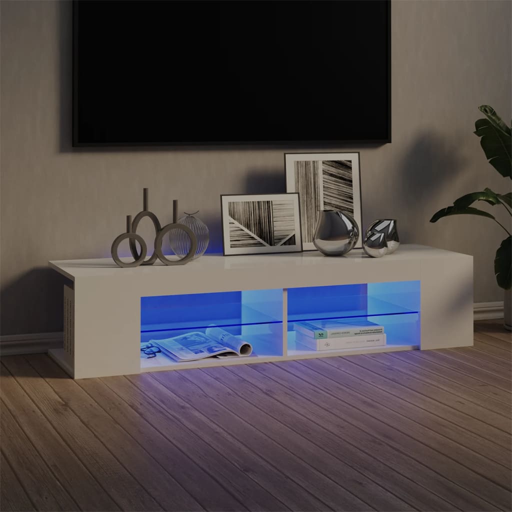 tv-skab med LED-lys 135x39x30 cm hvid højglans