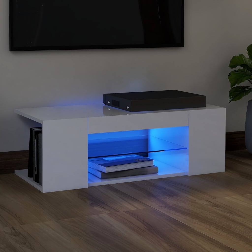 tv-skab med LED-lys 90x39x30 cm hvid højglans