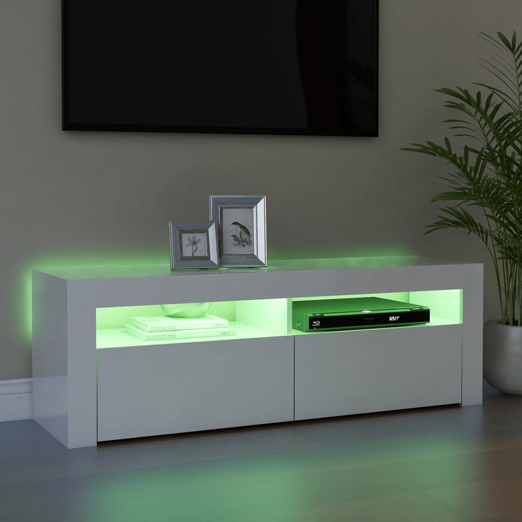 tv-skab med LED-lys 120x35x40 cm hvid højglans