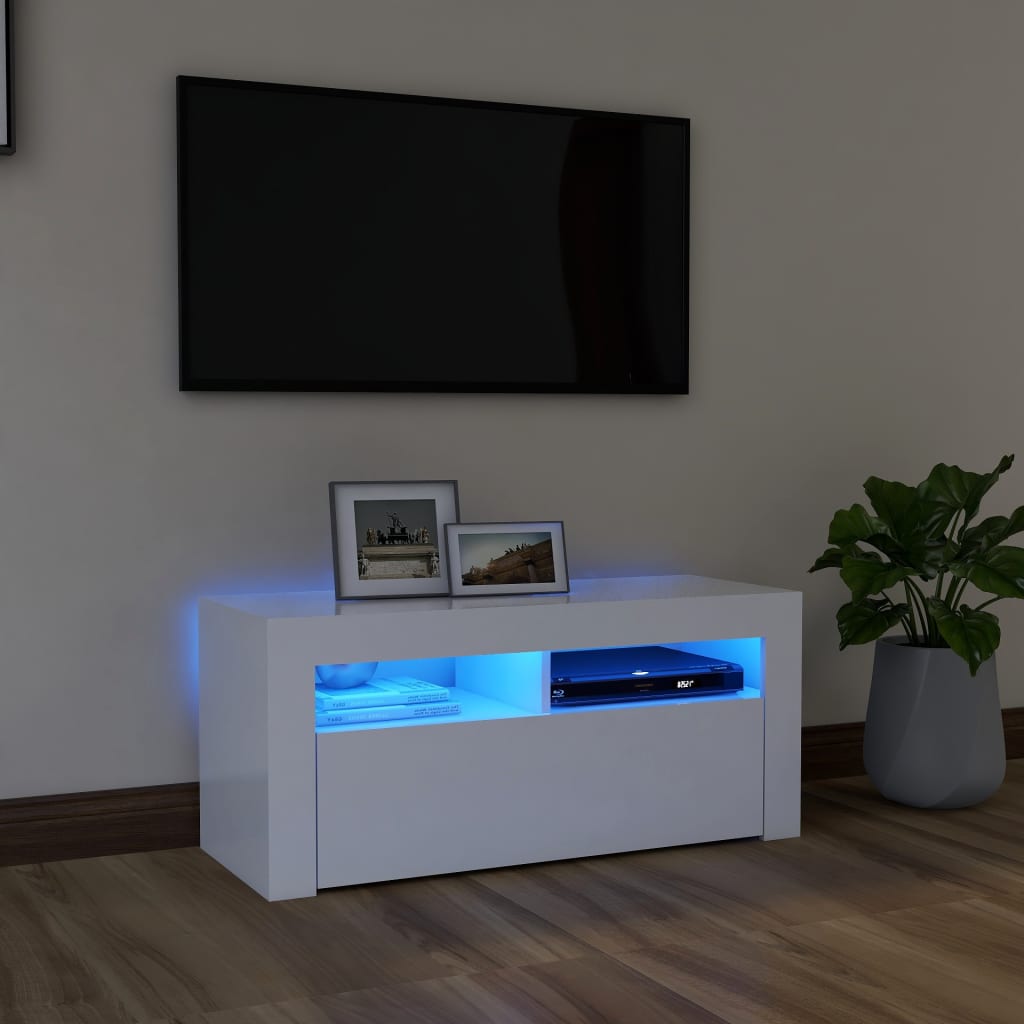 tv-skab med LED-lys 90x35x40 cm hvid