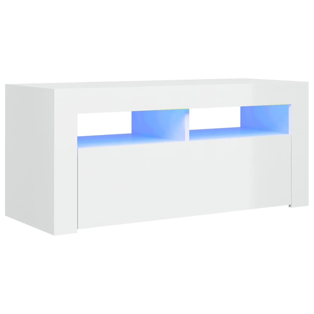 tv-skab med LED-lys 90x35x40 cm hvid højglans