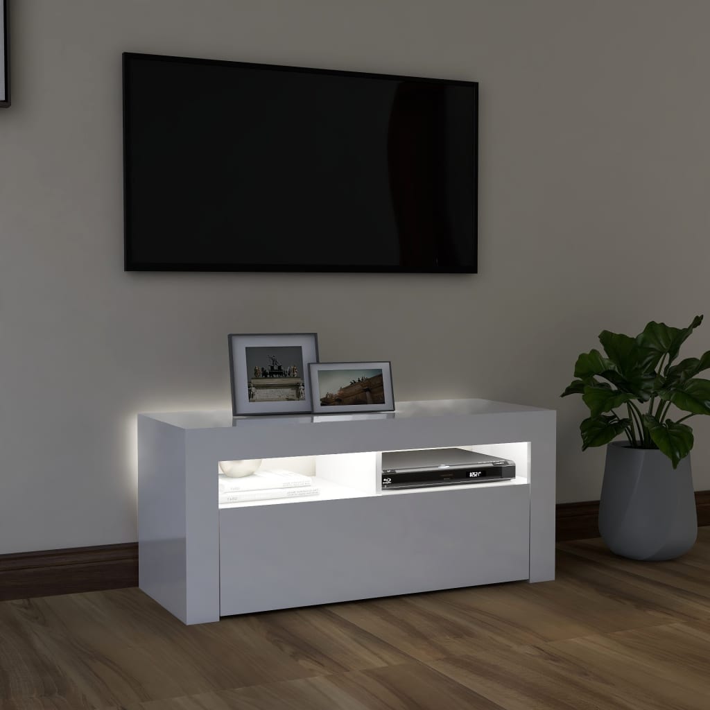tv-skab med LED-lys 90x35x40 cm hvid højglans