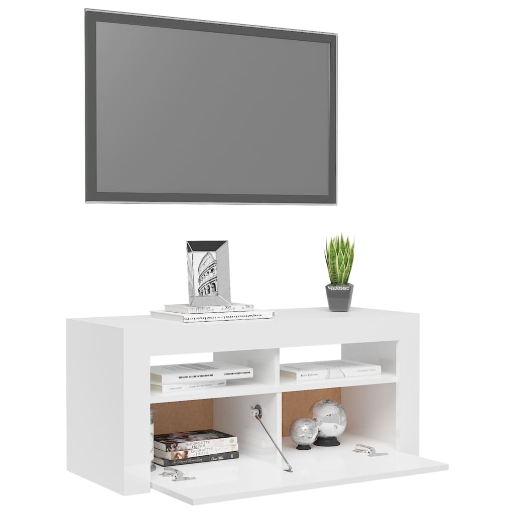 tv-skab med LED-lys 90x35x40 cm hvid højglans