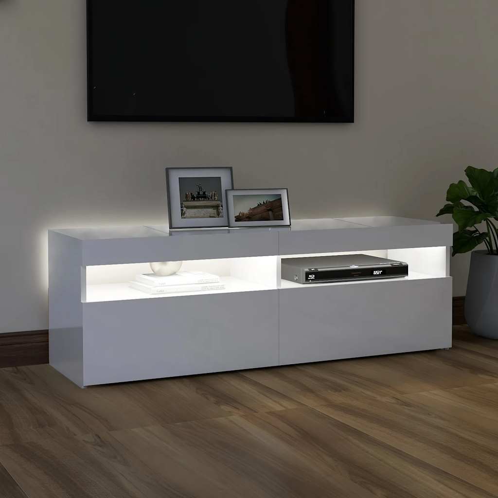 tv-skab med LED-lys 120x35x40 cm hvid højglans
