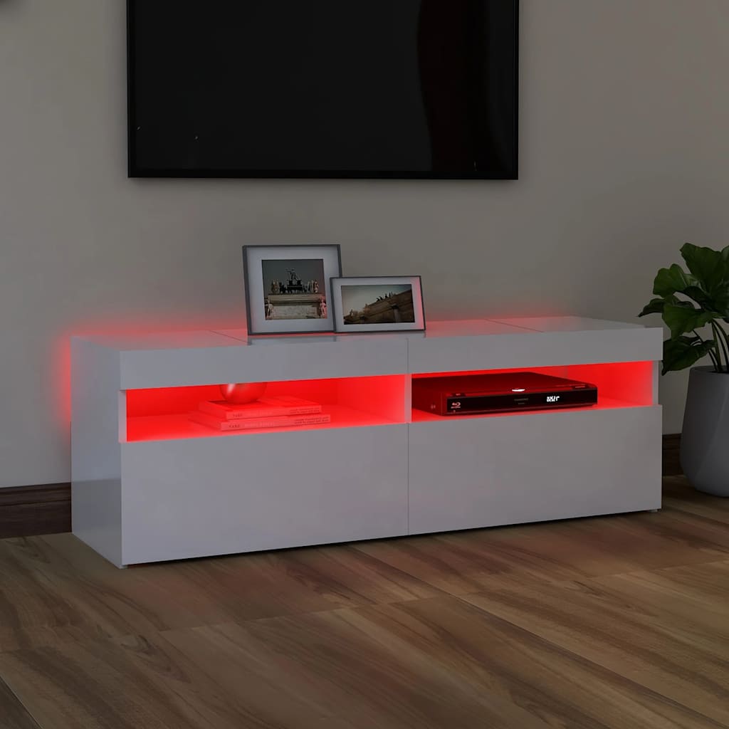 tv-skab med LED-lys 120x35x40 cm hvid højglans