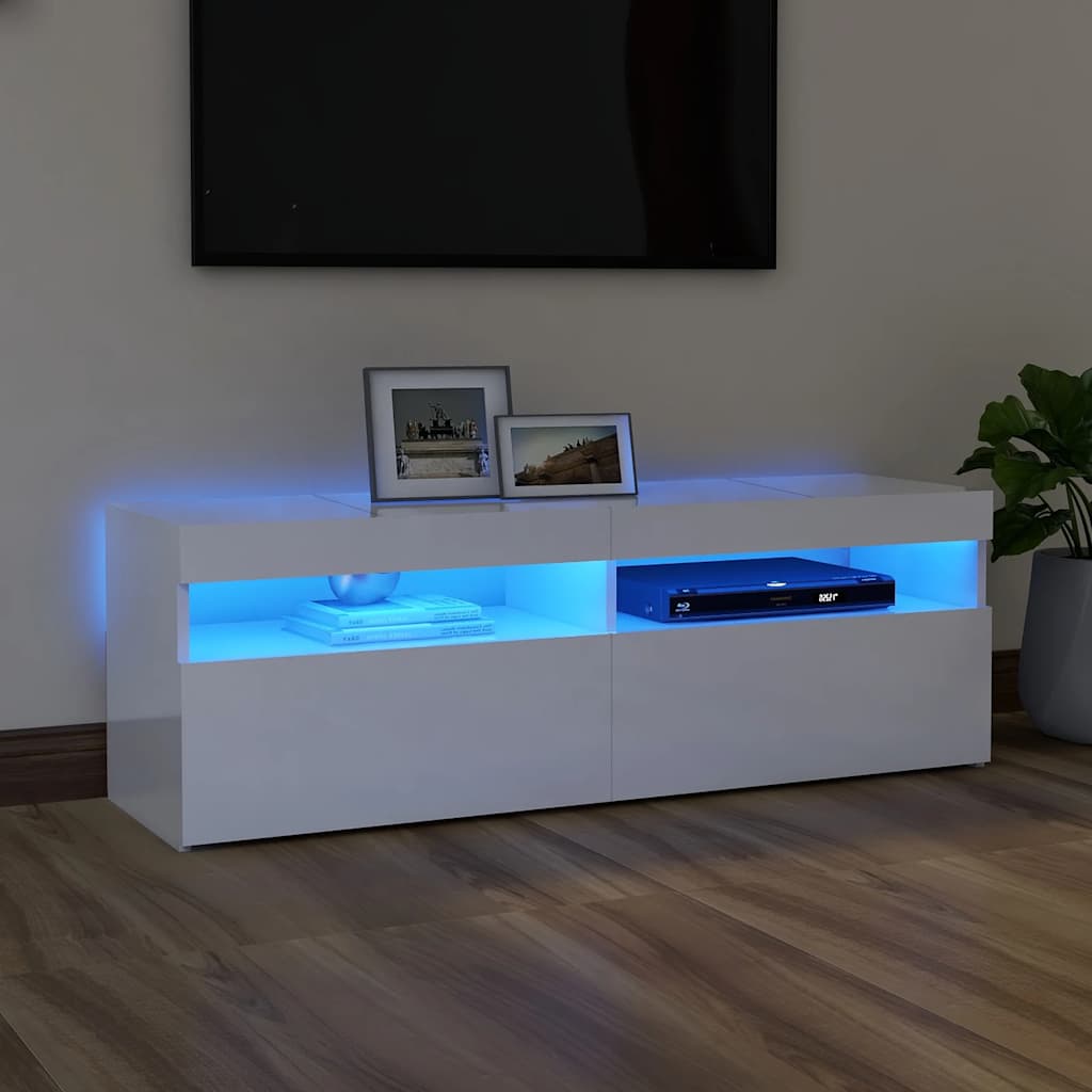 tv-skab med LED-lys 120x35x40 cm hvid højglans