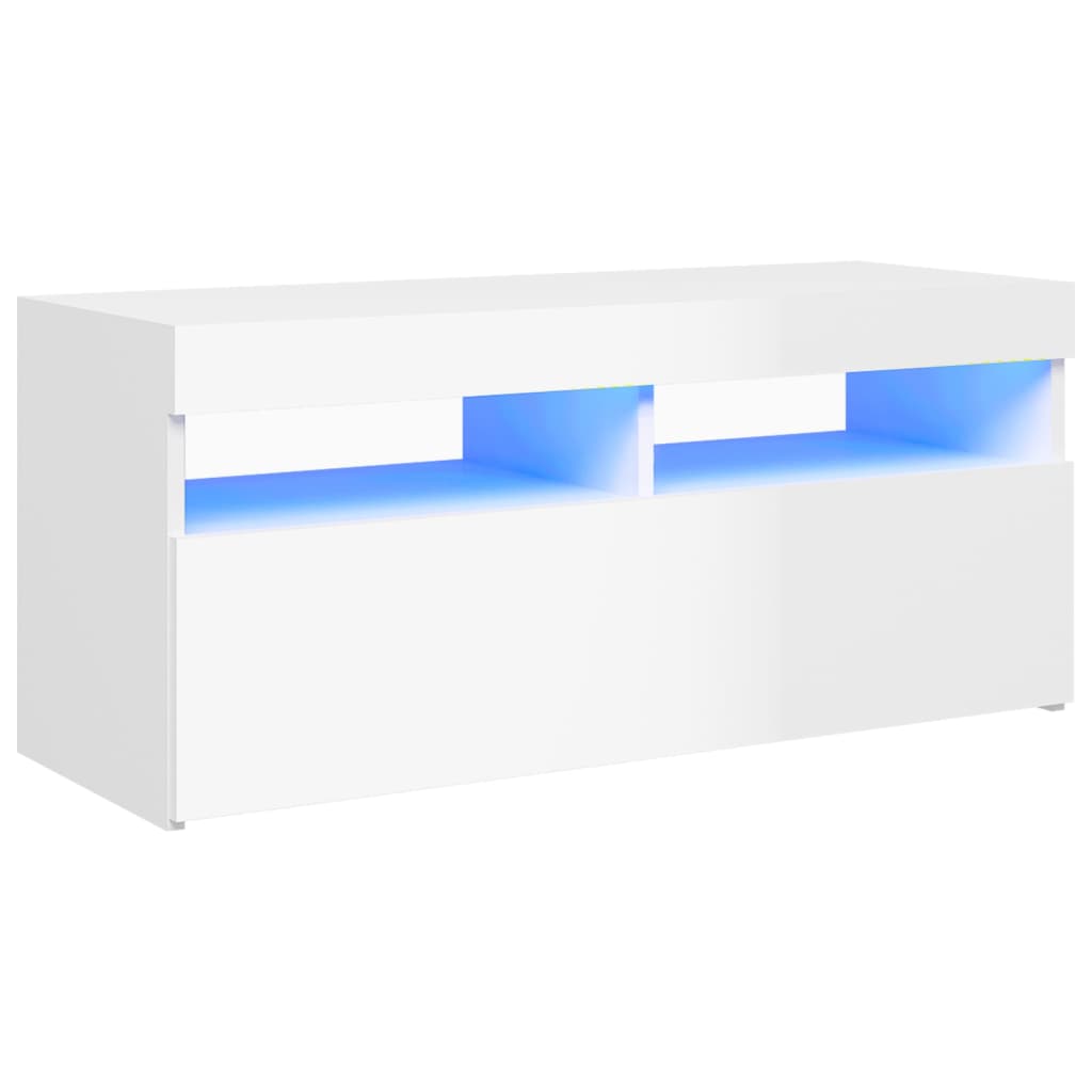 tv-skab med LED-lys 90x35x40 cm hvid højglans