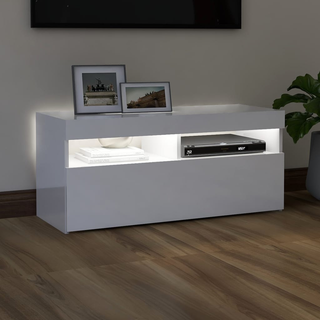 tv-skab med LED-lys 90x35x40 cm hvid højglans