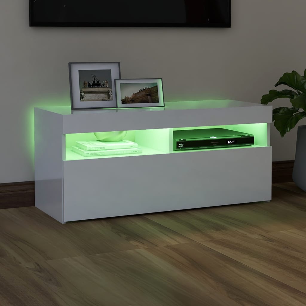 tv-skab med LED-lys 90x35x40 cm hvid højglans