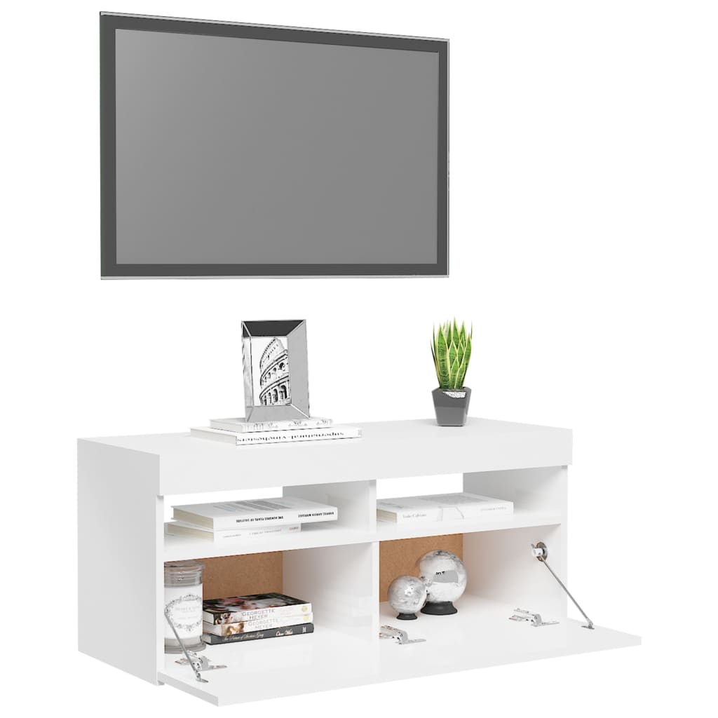 tv-skab med LED-lys 90x35x40 cm hvid højglans