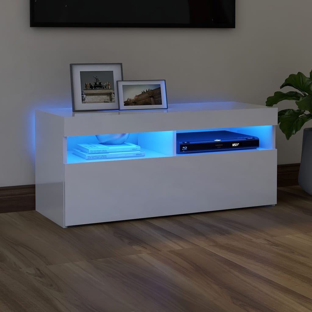 tv-skab med LED-lys 90x35x40 cm hvid højglans