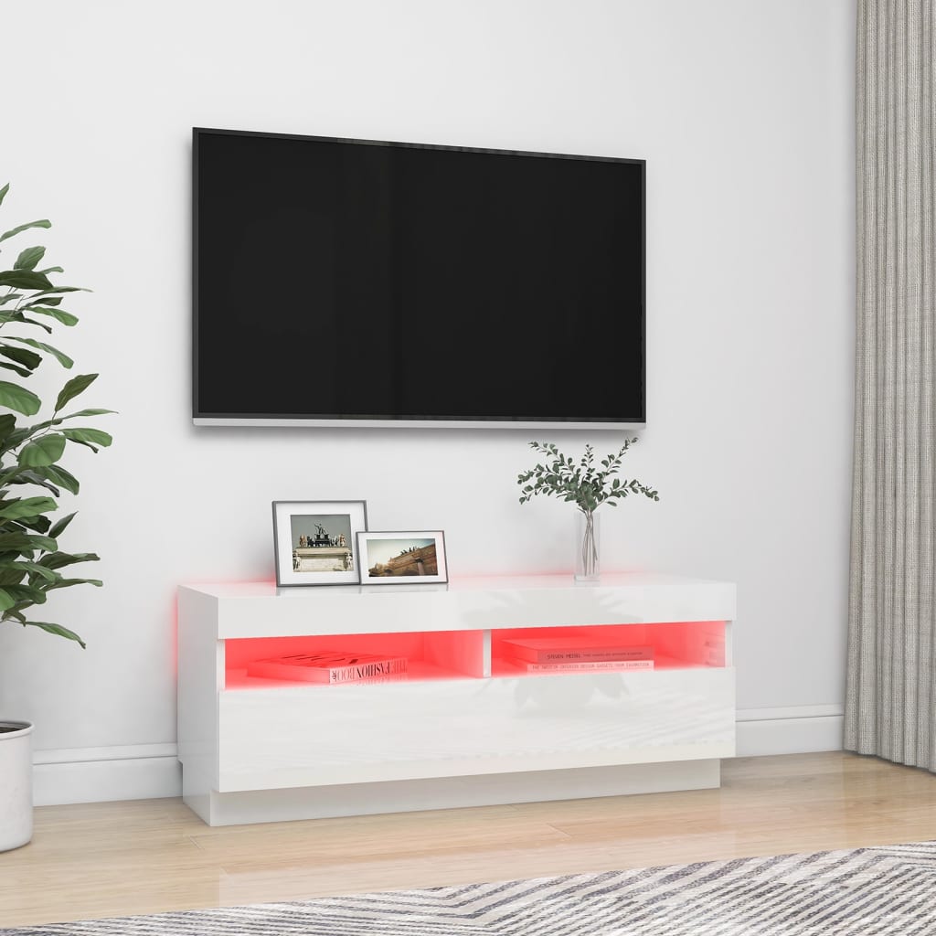 tv-skab med LED-lys 100x35x40 cm hvid højglans
