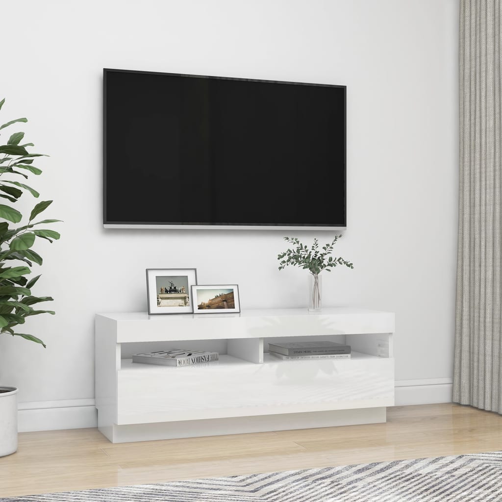 tv-skab med LED-lys 100x35x40 cm hvid højglans