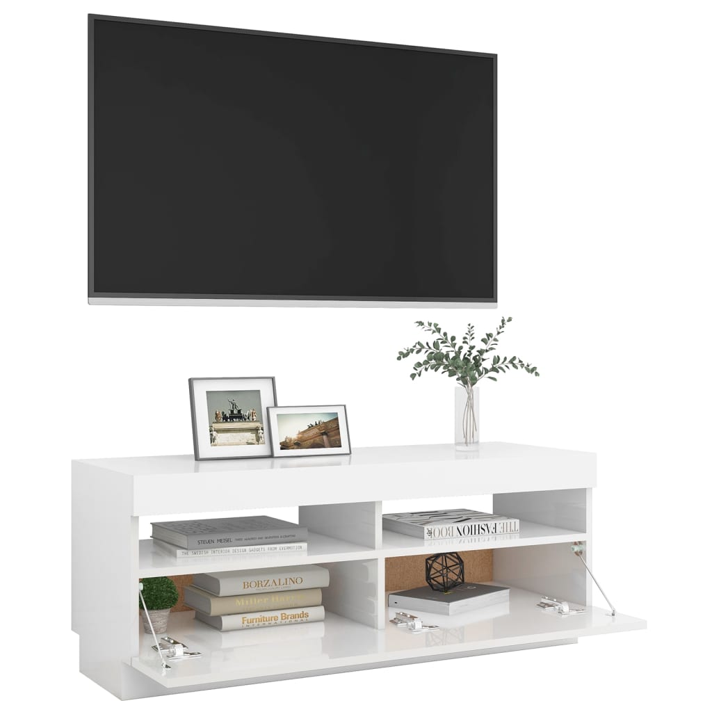 tv-skab med LED-lys 100x35x40 cm hvid højglans